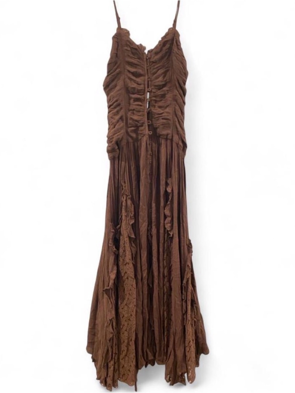 Free People Brown Ruched Maxi Dress with Spaghetti Straps 🤎